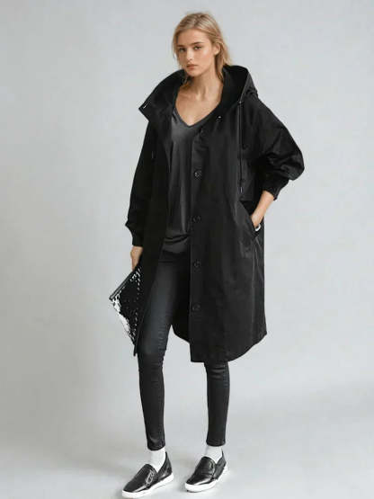 Luana Oversized Hooded Longline Raincoat - Black
