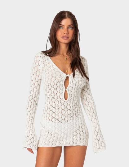 Cream knit tie-front mini dress with diamond openwork pattern and flared long sleeves