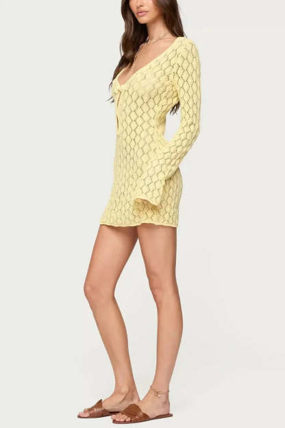 Yellow openwork mini dress with tie-front neckline and fitted long sleeves