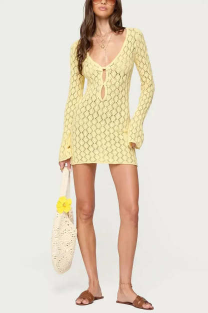 Yellow mini dress with tie-front closure, bell sleeves, and matching lace accessory