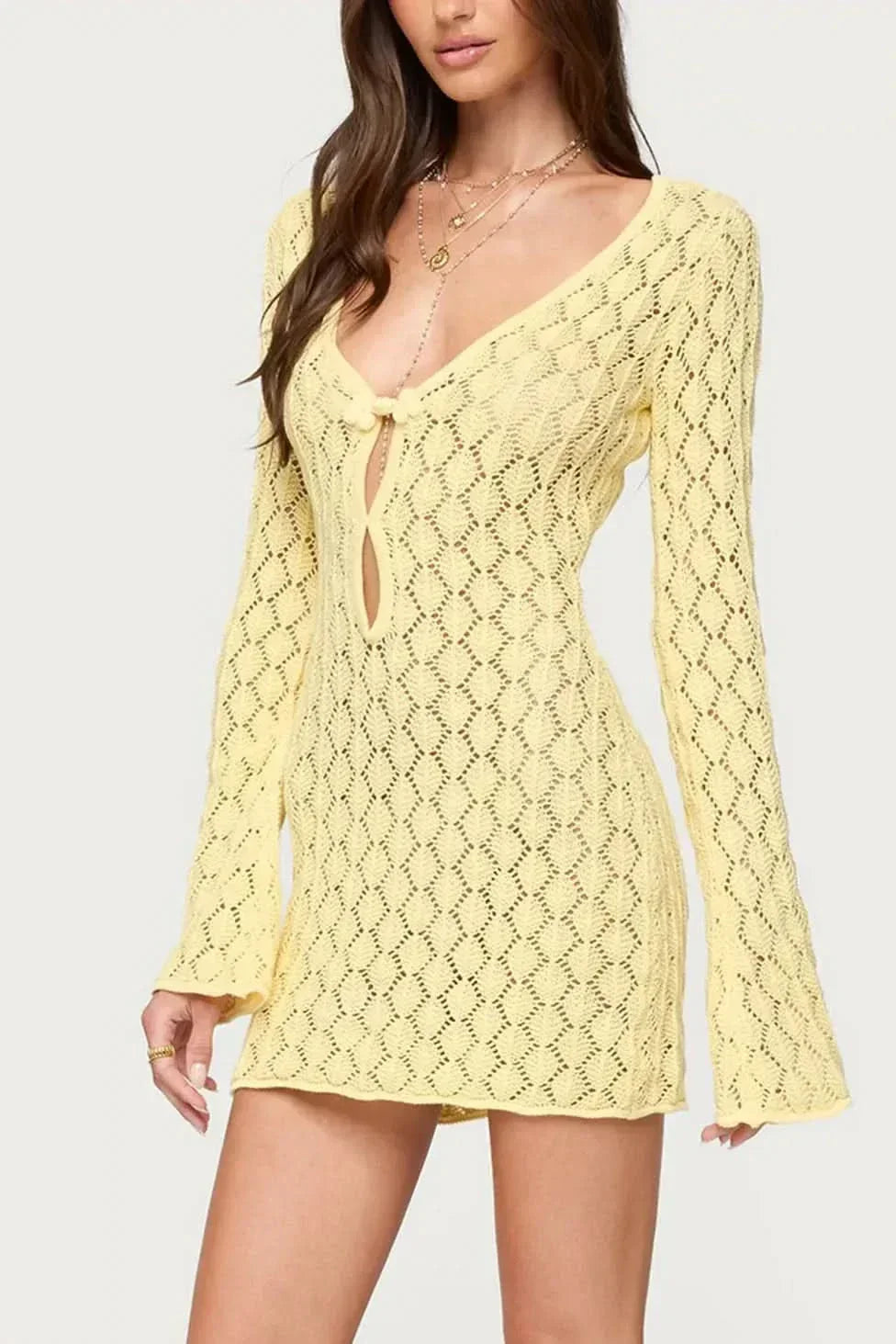 Yellow crochet tie-front mini dress with long bell sleeves and open weave pattern