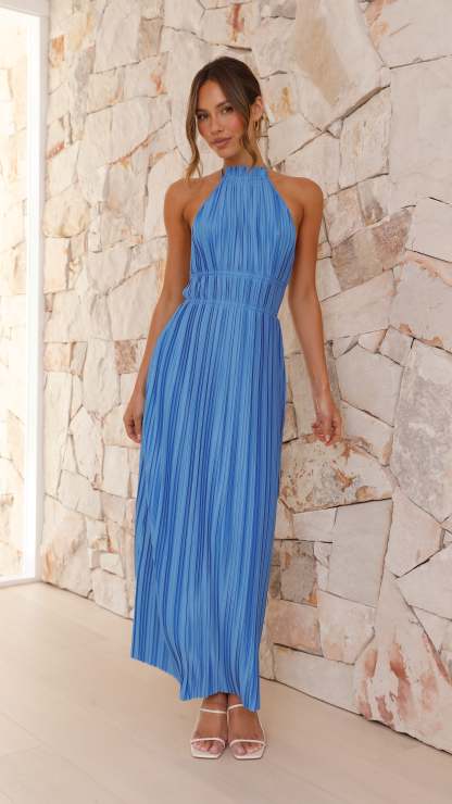 Blue pleated halter maxi dress with cinched waist and flowing skirt