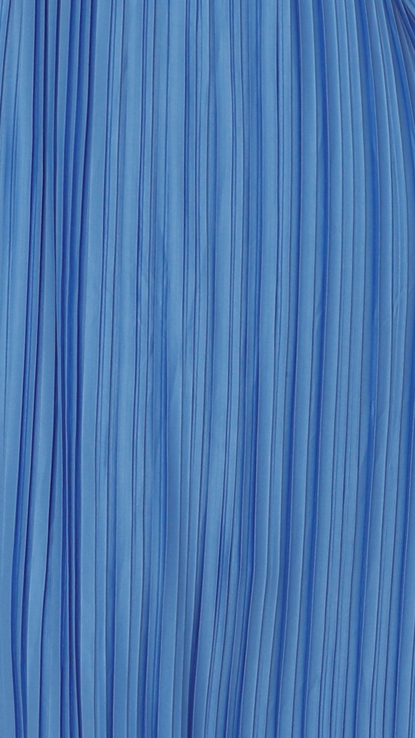 Close-up of blue pleated fabric texture showing vertical accordion pleats