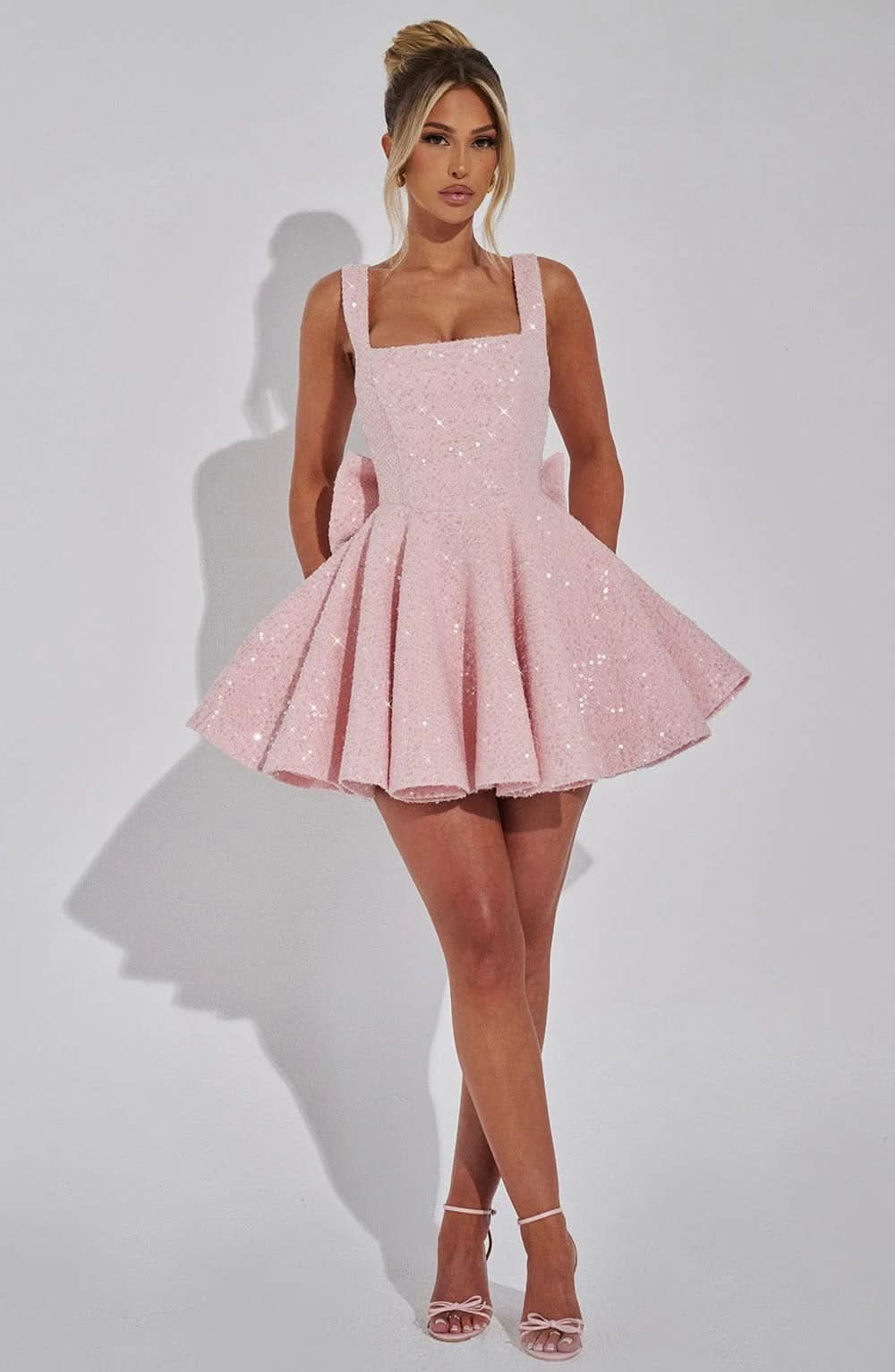 Blush pink sequin mini dress with square neckline and full skirt