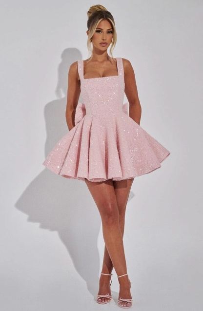 Blush pink sequin mini dress with square neckline and full skirt