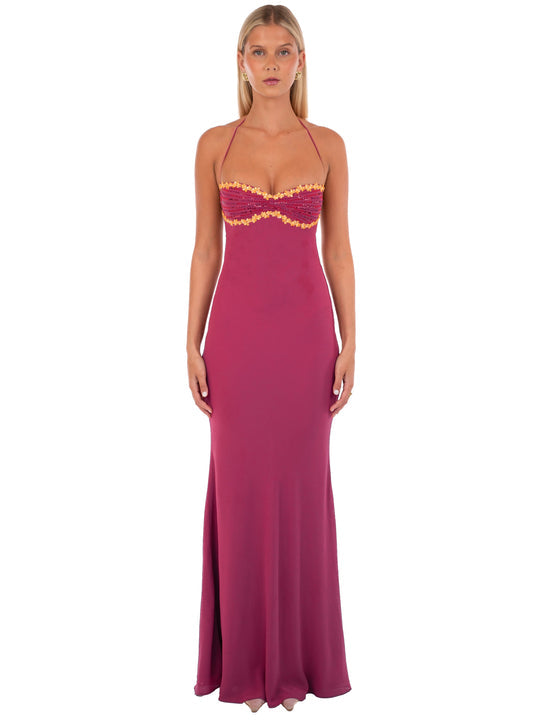 Magenta sweetheart neckline sequin halter maxi dress for women