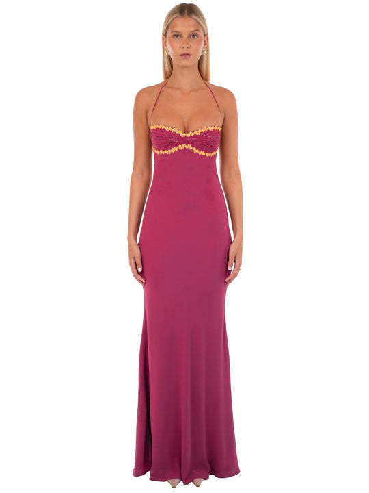Magenta sweetheart neckline sequin halter maxi dress for women