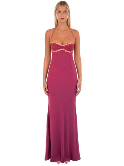 Magenta sweetheart neckline sequin halter maxi dress for women