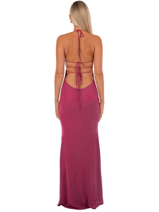 Magenta sequin maxi dress backless halter tie closure for formal events