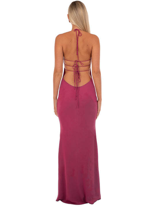 Magenta sequin maxi dress backless halter tie closure for formal events