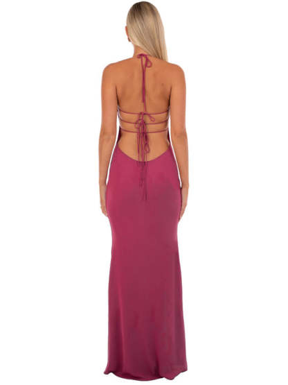 Magenta sequin maxi dress backless halter tie closure for formal events