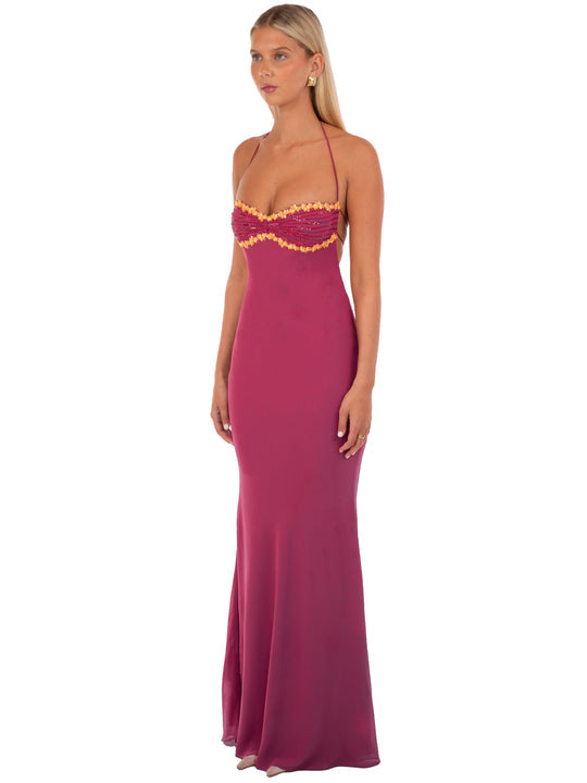 Women's magenta formal maxi dress with gold sequin trim detail