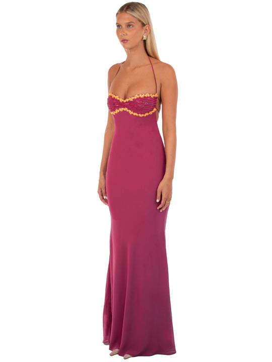Women's magenta formal maxi dress with gold sequin trim detail