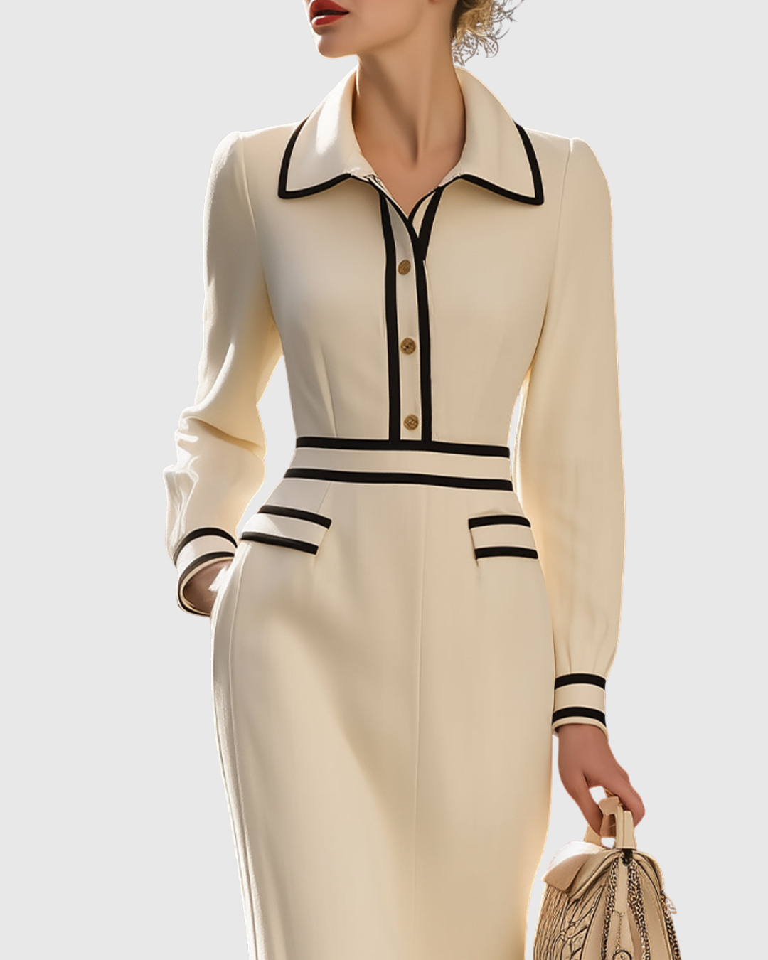 Button-front collared midi dress with black trim detail and striped cuff piping