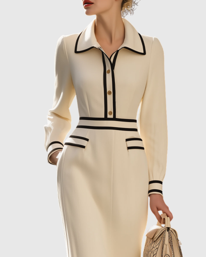 Button-front collared midi dress with black trim detail and striped cuff piping