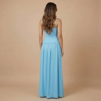 Light blue formal maxi dress back view showing simple neckline and flowing skirt