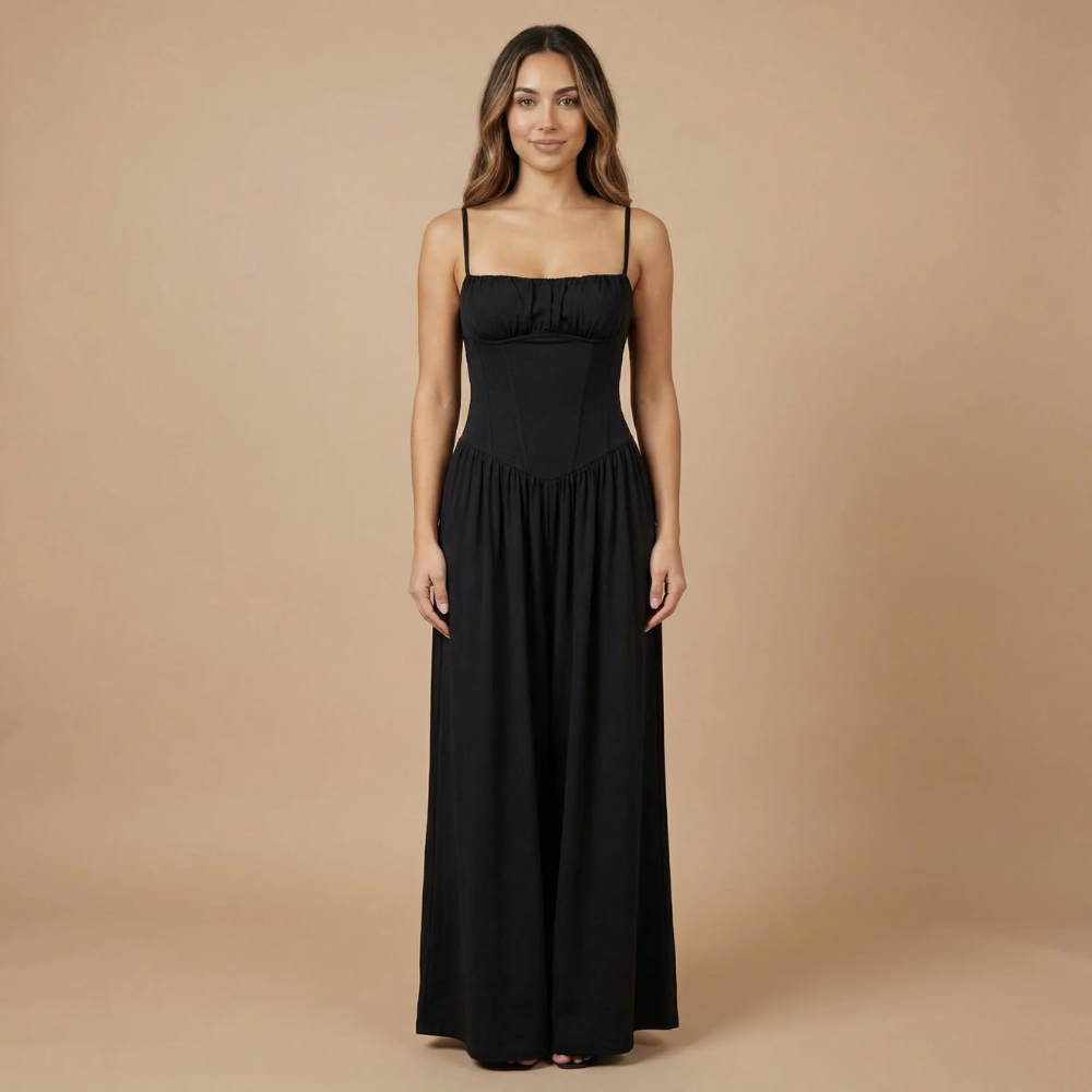 Black ruched maxi dress with gathered bust and floor-length skirt for formal events