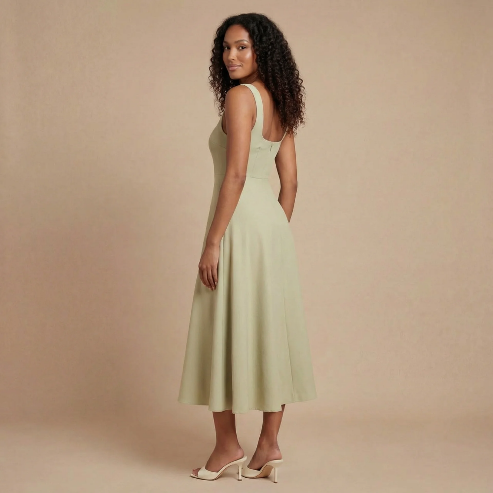 Back view of sage green midi dress showing open back detail and midi length