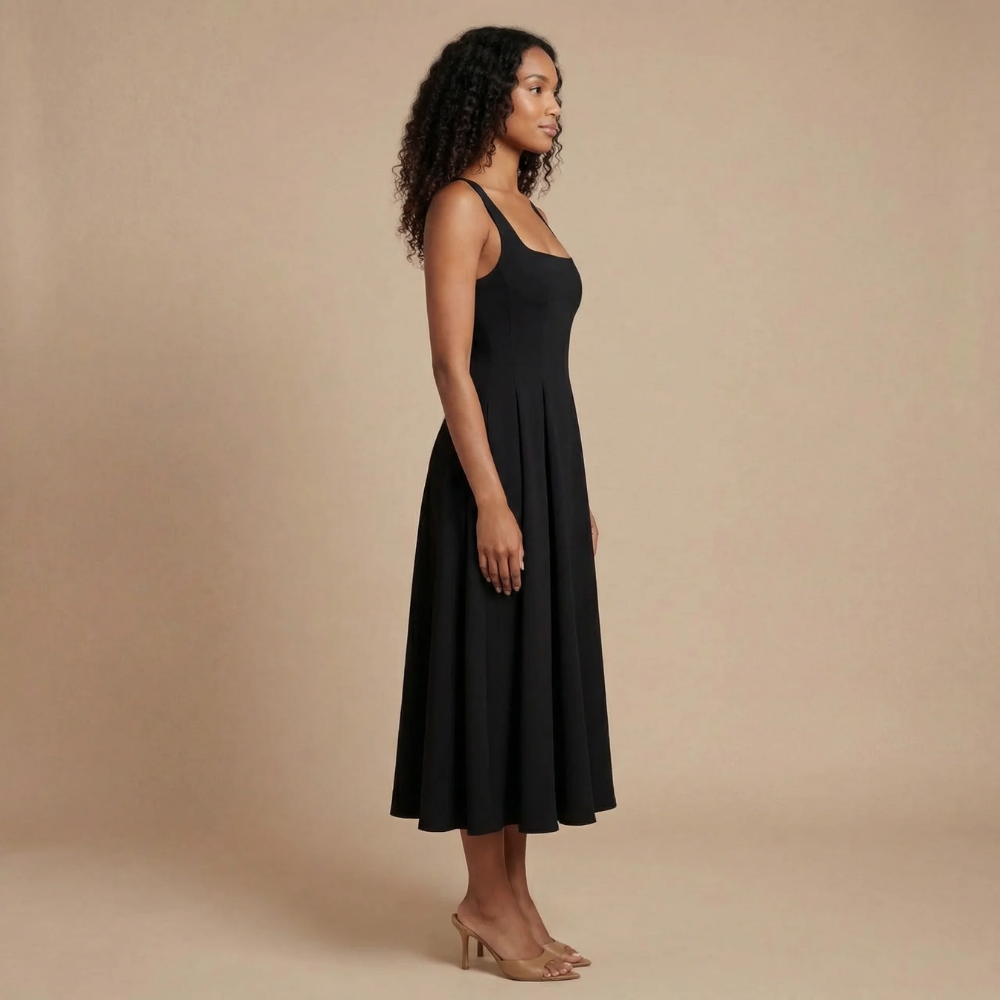 Black square neck sleeveless midi dress with full pleated skirt