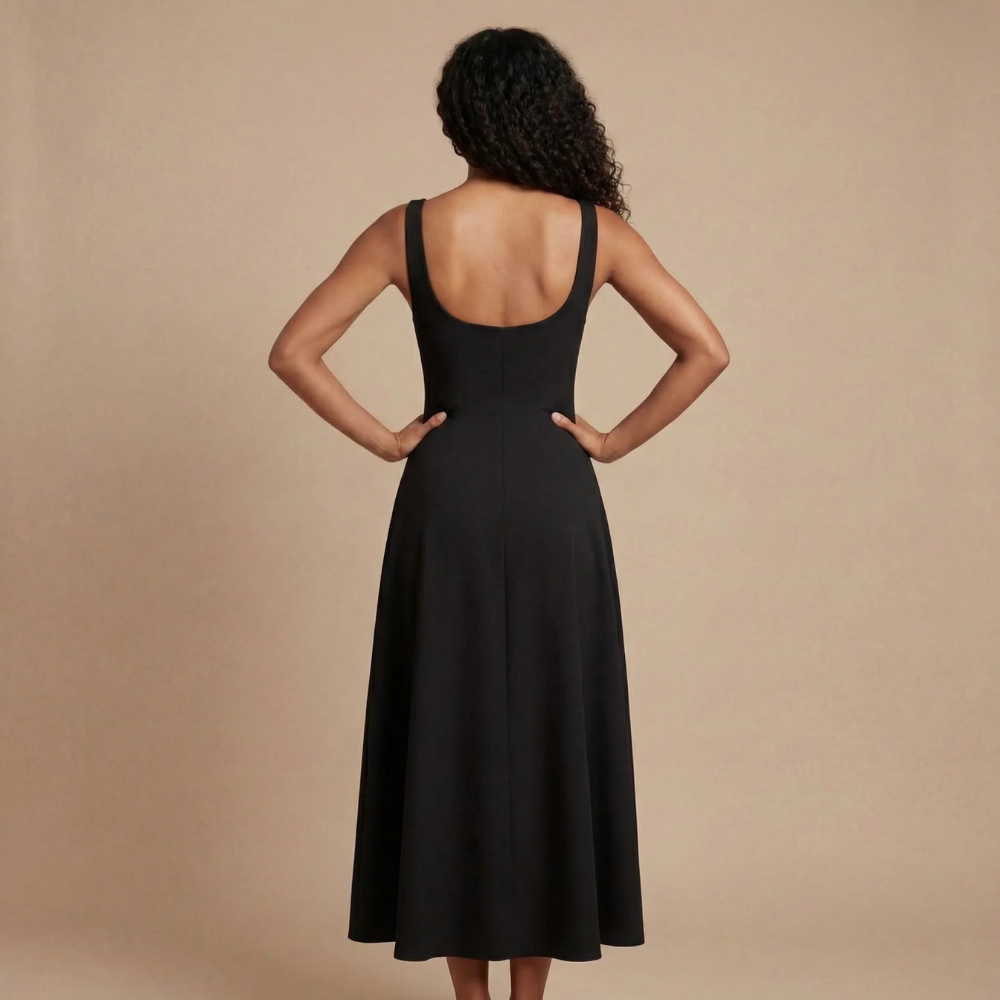 Back view of black midi dress with open back and flowing midi hemline
