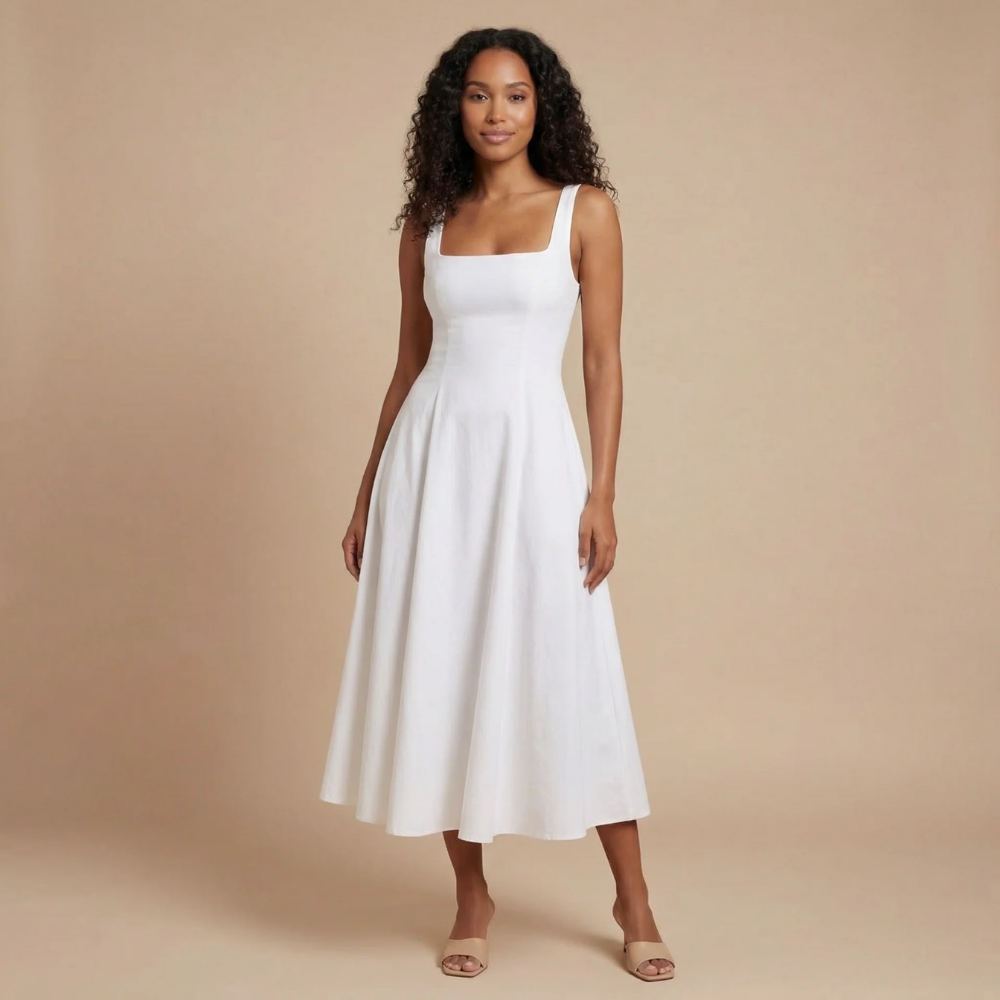 White square neckline sleeveless midi dress with full gathered skirt