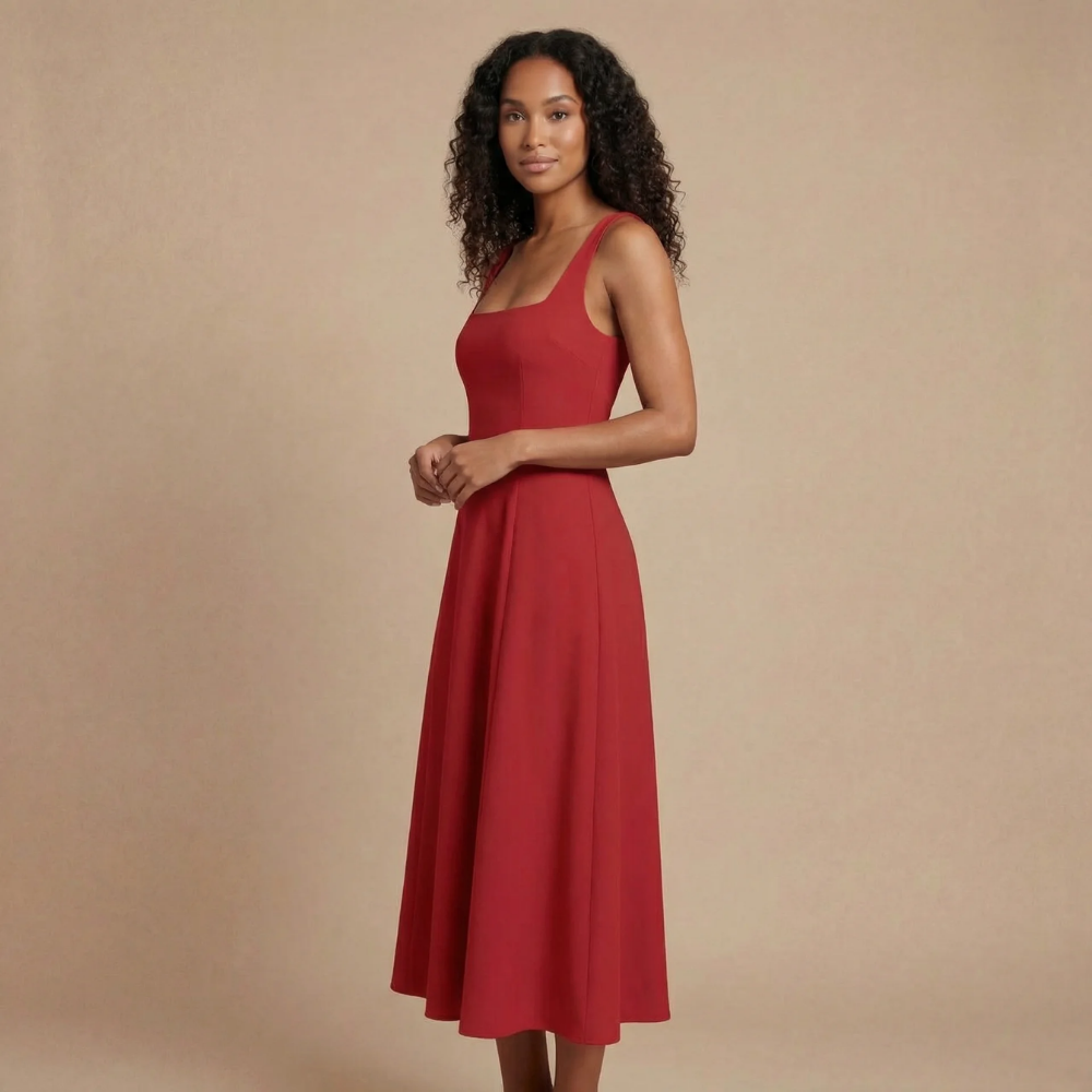 Red square neck sleeveless midi dress with fitted bodice and full skirt