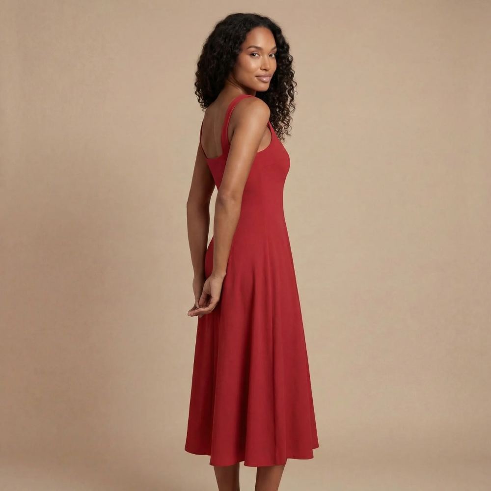 Back view of red midi dress with open back cutout and flowing hemline