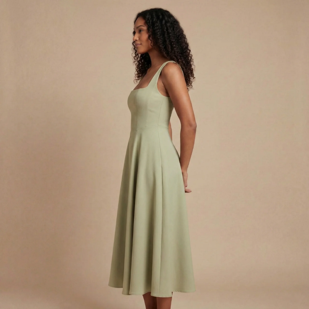 Sage green square neckline midi dress with sleeveless cut and flowing skirt