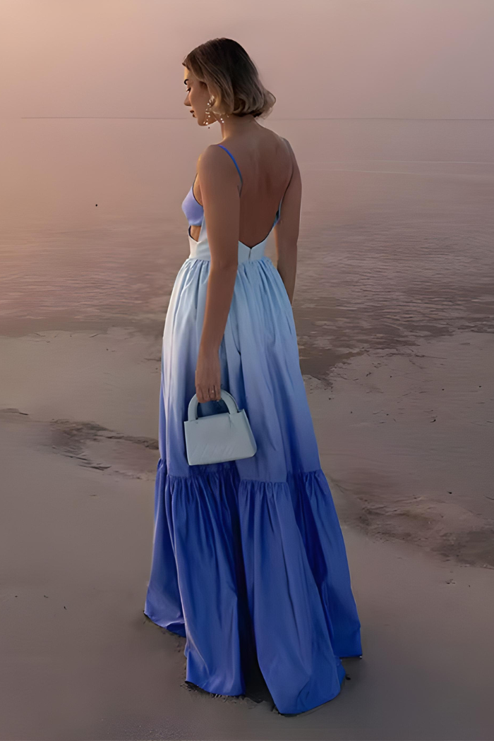 Blue ombre sweetheart maxi dress with open backless design and tiered ruffle hem for women