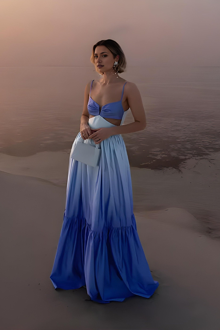 Blue ombre maxi dress with sweetheart neckline and side cutouts for women, front view