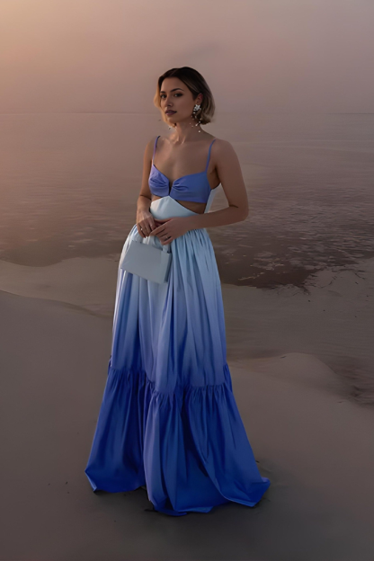 Blue ombre maxi dress with sweetheart neckline and side cutouts for women, front view