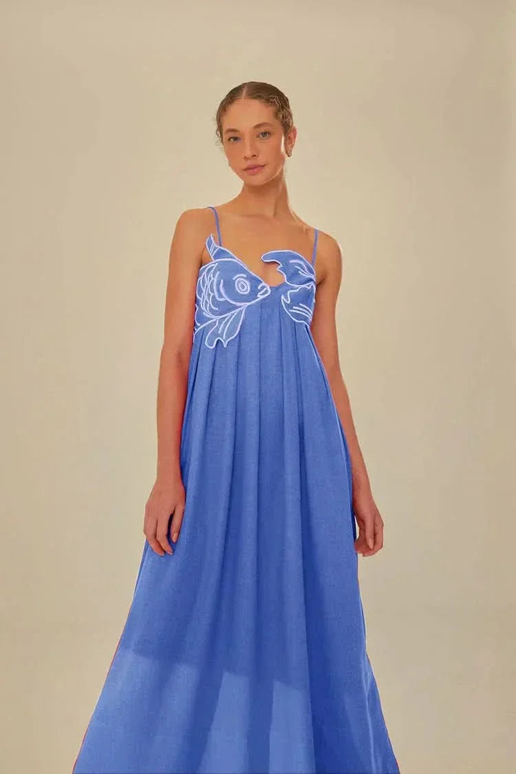 Blue maxi dress with white fish embroidery and adjustable straps