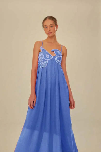 Blue maxi dress with white fish embroidery and adjustable straps