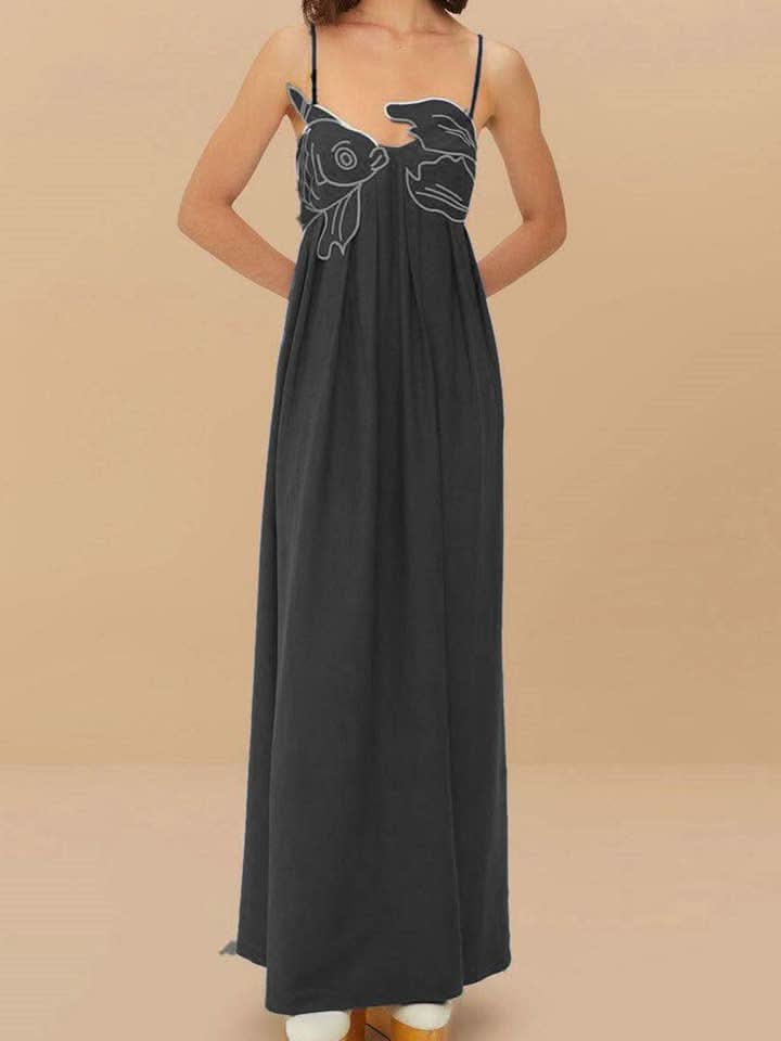Black sleeveless maxi dress with white fish embroidered chest detail