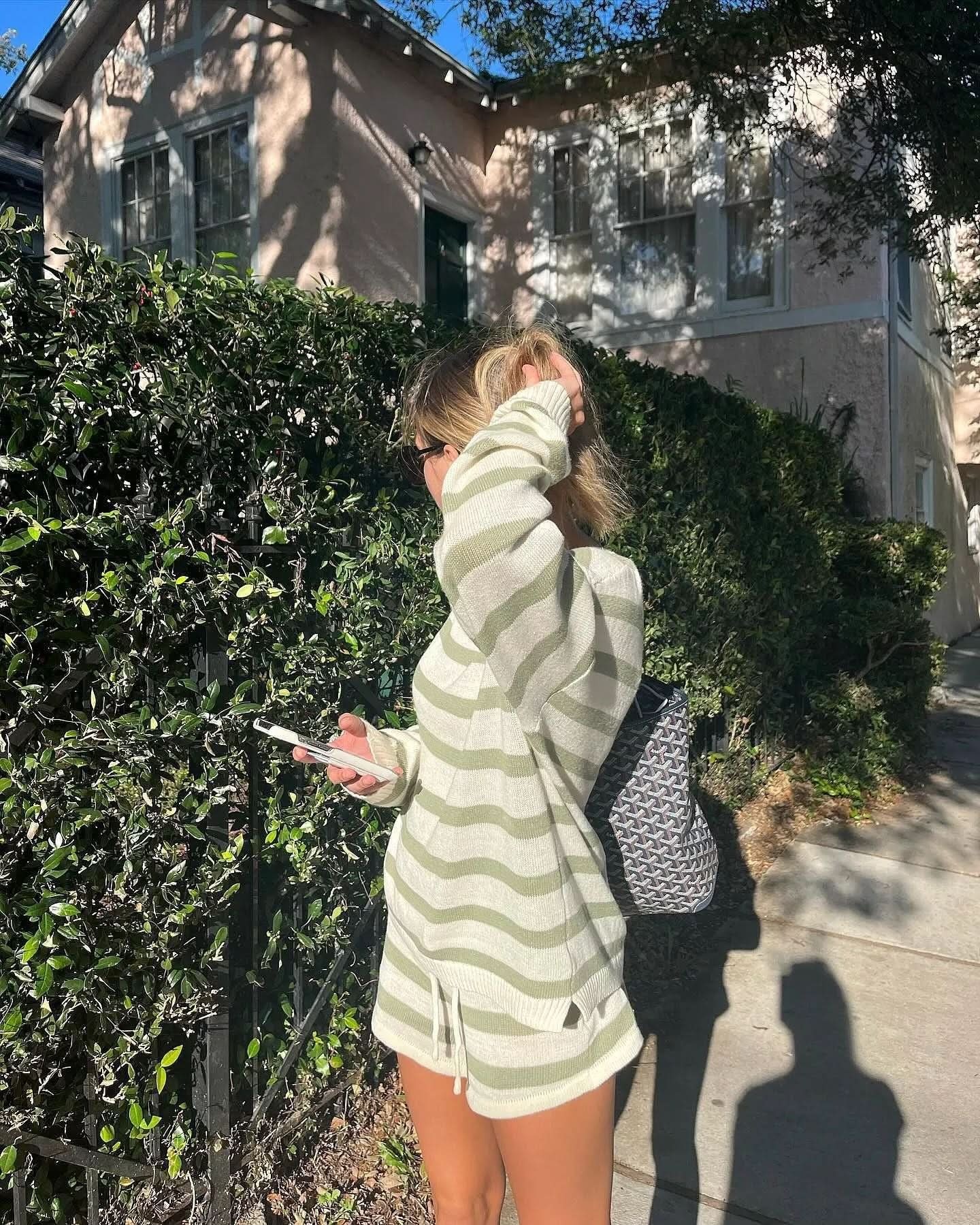 Sage green and cream striped knit pullover with shorts from back