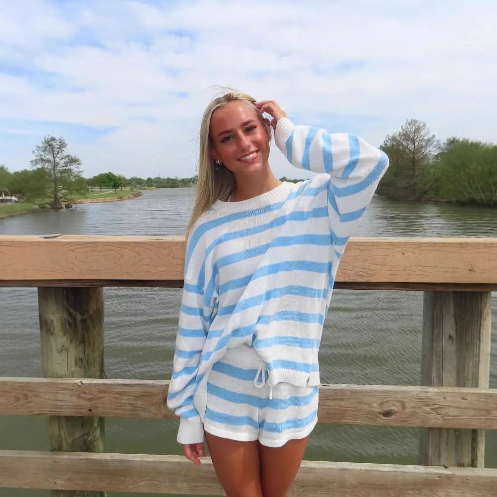 Blue striped ribbed knit set with crew neck and drawstring shorts
