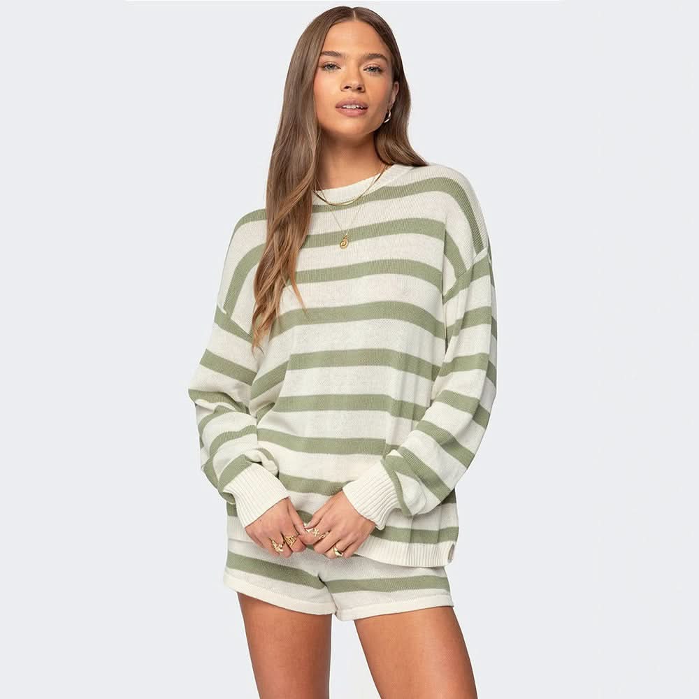 Sage green striped knit pullover with cream shorts two-piece set
