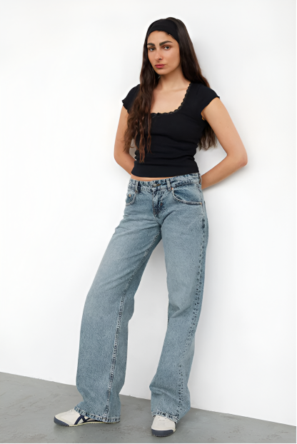 Medium wash wide leg jeans with classic five pocket styling
