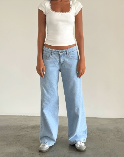 Light wash wide leg jeans with high rise and spacious leg opening