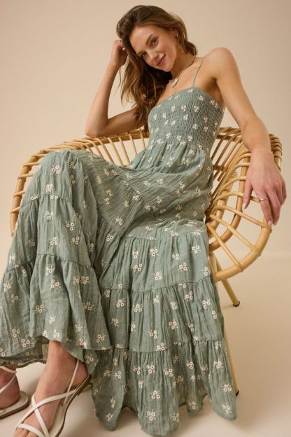 Marisa Embroidered Tiered Maxi Dress - Sage