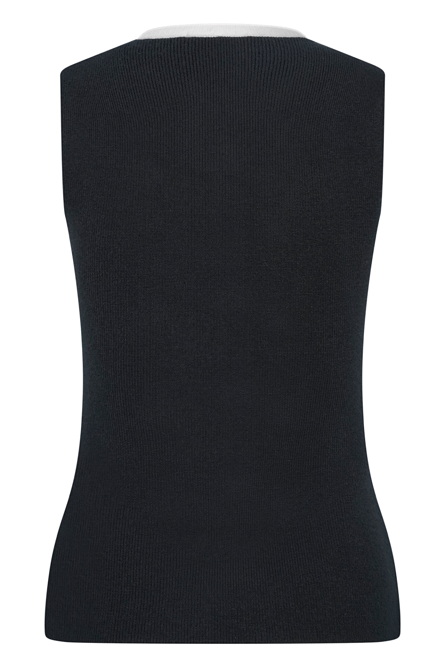 Black sleeveless knit vest back view with white neckline trim