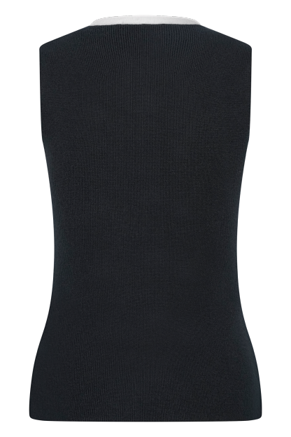 Black sleeveless knit vest back view with white neckline trim