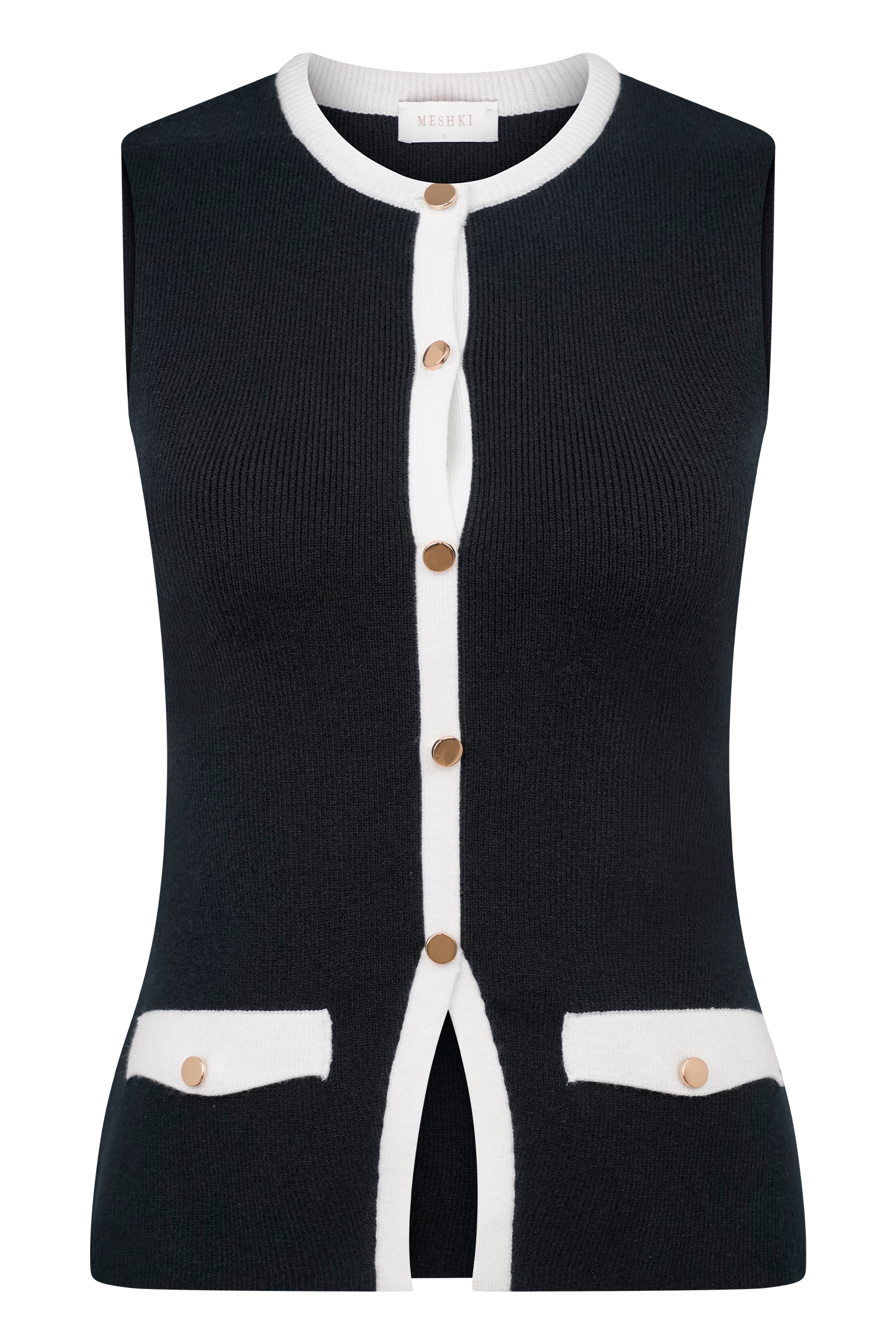 Black knit vest front with white stripe, buttons, and pocket accents