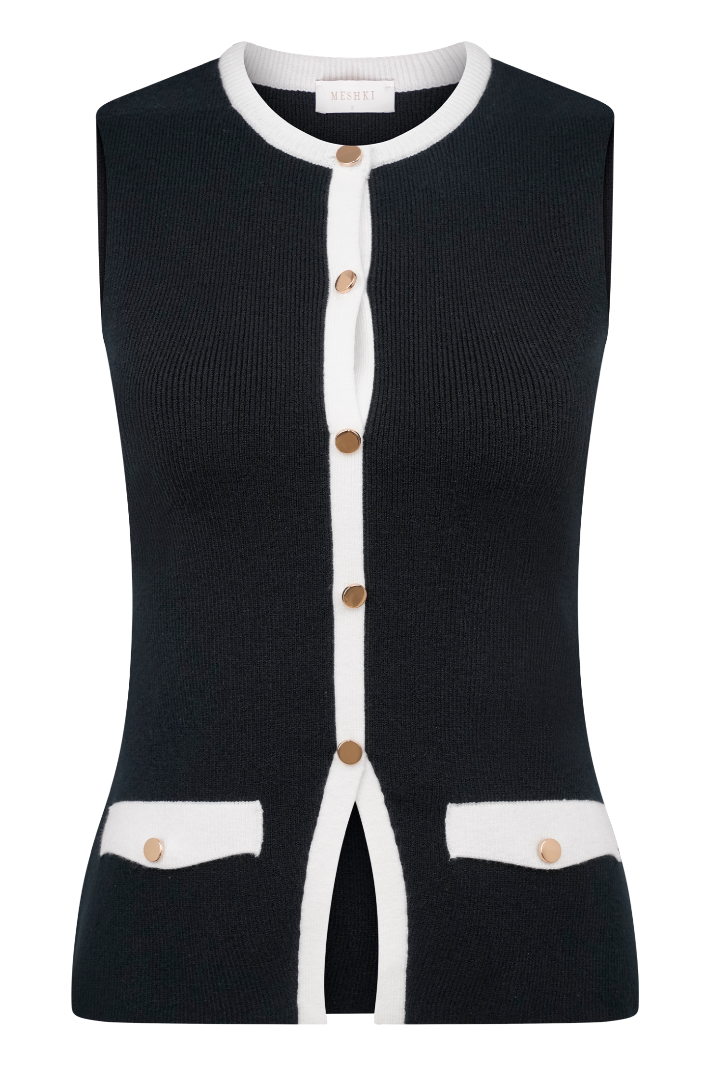 Black knit vest front with white stripe, buttons, and pocket accents