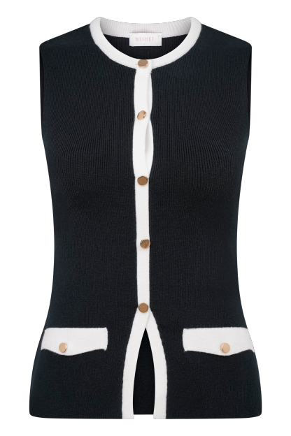 Black knit vest front with white stripe, buttons, and pocket accents