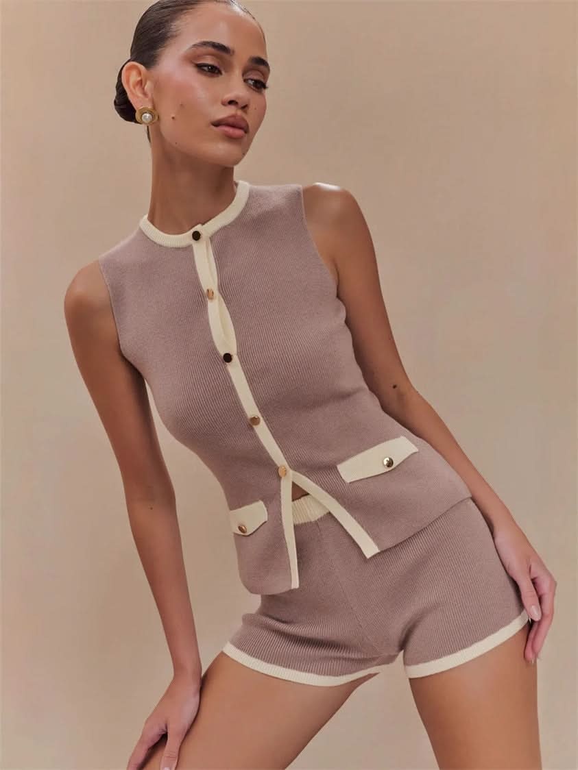Taupe ribbed knit tank top with cream contrast trim and button front