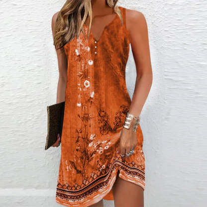 Rust orange floral V-neck mini dress with asymmetrical hemline for women