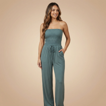 Sage green strapless smocked jumpsuit with drawstring and wide-leg maxi pants