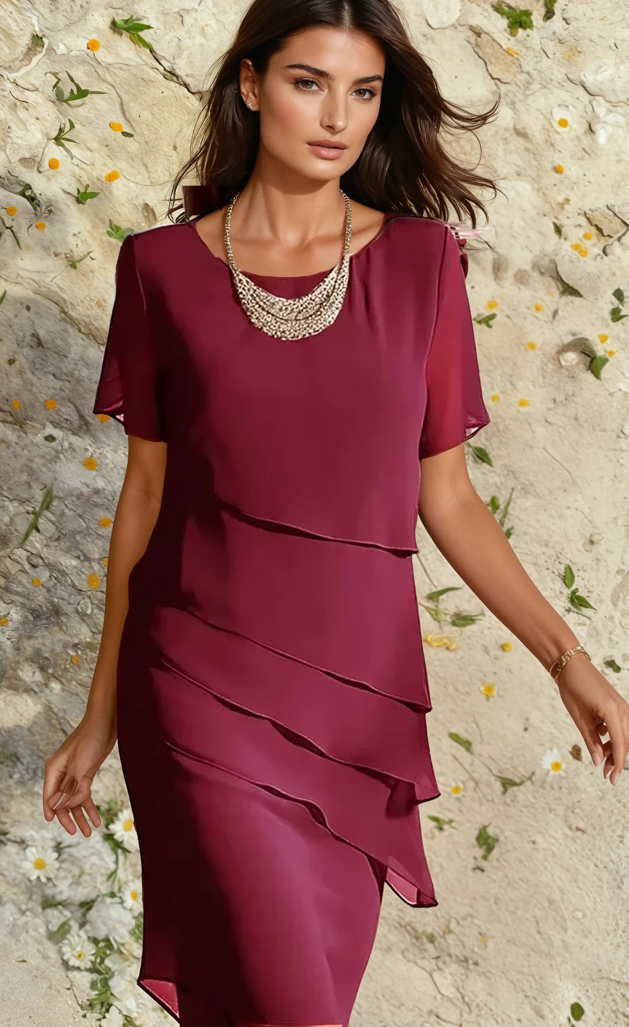 Burgundy layered midi dress with asymmetrical ruffles and flutter sleeves for formal occasions