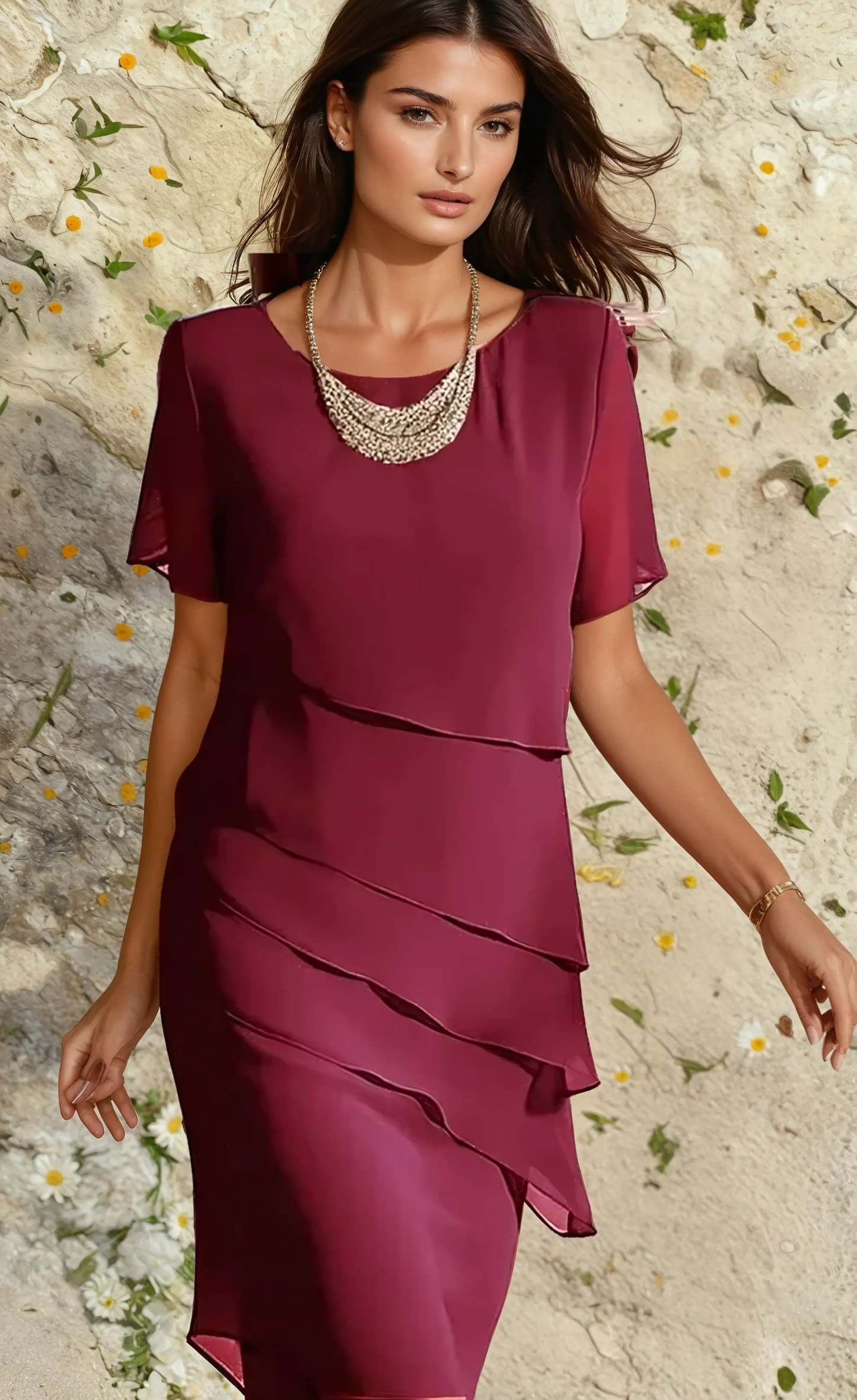 Burgundy layered midi dress with asymmetrical ruffles and flutter sleeves for formal occasions